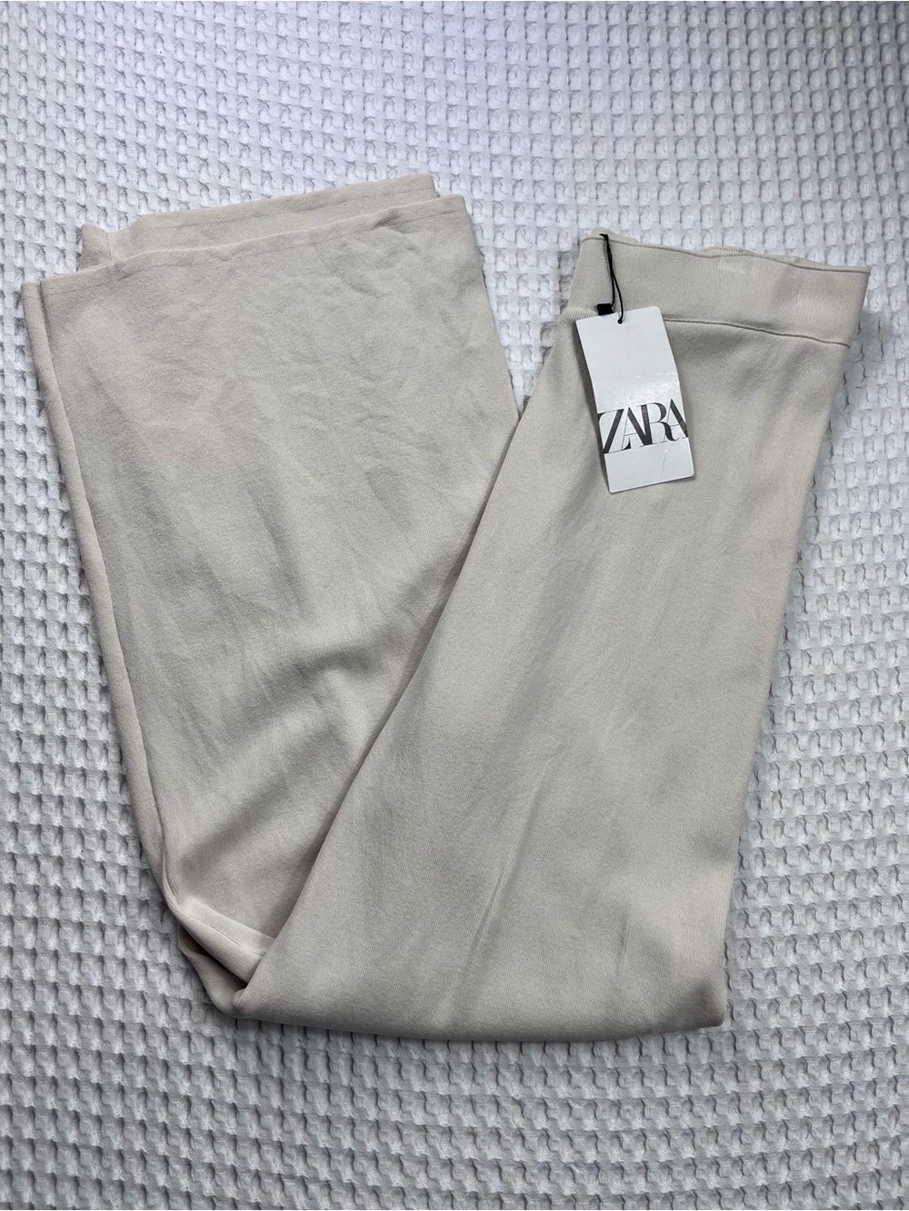 NWT Zara Beige Wide Leg Knit Pants High Rise Full Length Size Large